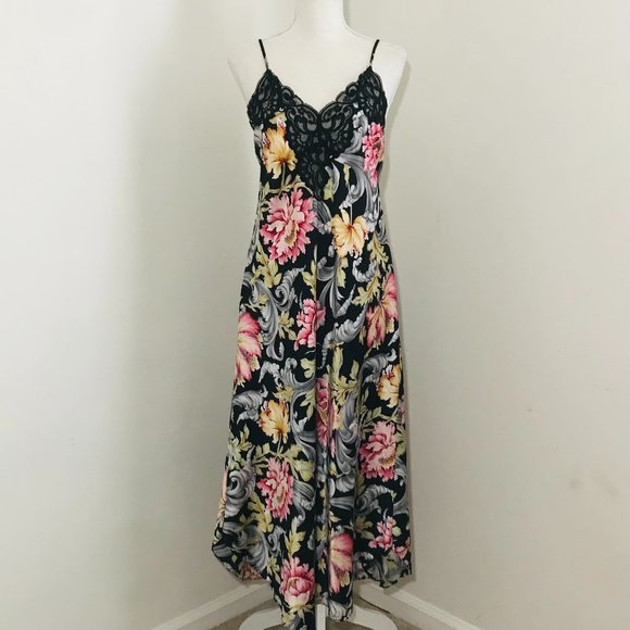 Natori Intimates & Sleepwear Natori Long Floral Satin Nightgown Slip Dress Large Open Back